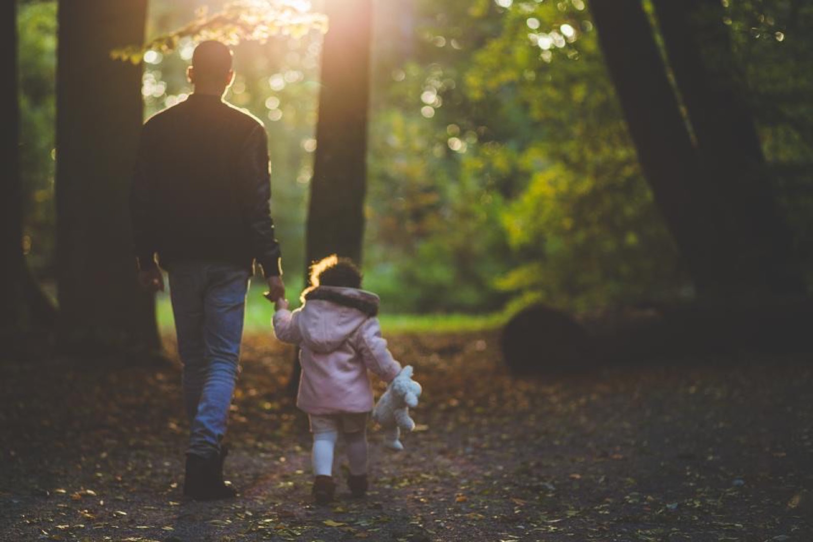 A parent and child walking under autumn trees, shown in a dark wooden frame